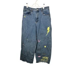 Wild Fable 14/32 Blue Highest Rise Wide Leg Ankle Graffiti‎ Jeans